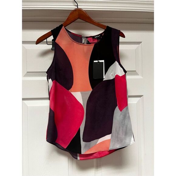 DKNY Pink Purple Black Abstract Roynded Hem Tank Too sz S NWT - Picture 1 of 7